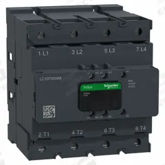 SCHNEIDER ELECTRIC IEC Contactor: Non-Reversing, 4 Poles, 4NO Contacts, 200 A, 24V AC/48V AC Coil (MPN LC1DT200A6BNE). Key specifications — Brand: SCHNEIDER; Integrated Surge Suppression: Yes; Nominal Coil Voltage @ 60Hz: 48V AC.