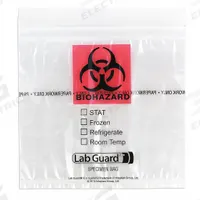 Specimen Transfer Bag: LDPE, Biohazard, 1.75 mil Thick, Clear, 6 in Overall Ht, 49-91, 1,000 PK. Key specifications — Brand: MEDEGEN MEDICAL PRODUCTS; Closure Type: Zipper; Product Type: Dual Pouch Specimen Bag; Manufacturer Part Number: 49-91; Color: Clear; Display Sell UOM: PK; Legend: Biohazard.