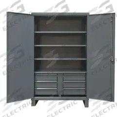 DURHAM MFG Storage Cabinet: 72 in x 24 in x 78 in, Swing Handle & Padlock Hasp, 12 ga Panel Thick (MPN HDCD247278-6B95). Key specifications — Cabinet Color: Gray; Method of Construction: Welded; Base Type: Legs; Assembled: Assembled; Mobility: Stationary; Adjustable Shelves: (4) Adjustable; Cabinet Finish: Powder Coated; Cabinet Material: Steel.