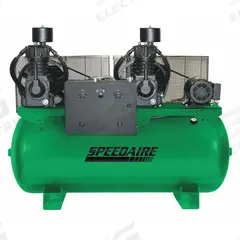 SPEEDAIRE Electric Air Compressor: 7.5 hp, 2 Stage, Horizontal, 120 gal, 50.2 cfm, 175 psi (MPN 35WC62). Key specifications — attr48430: SPEEDAIRE; attr48445: 60 Hz; attr48448: Oil Sight Glass; attr48450: 208-230V AC; attr48474: Single; attr48487: Horizontal.