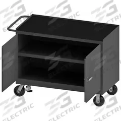 DURHAM MFG Mobile Cabinet Workbench: 48 in x 24 in, Rubber, 2,000 lb Overall Load Capacity, Gray (MPN 3412-RM-FL-95). Key specifications — Included Components: Handle on Side; Assembly: Fully Assembled; Brand: DURHAM MFG.