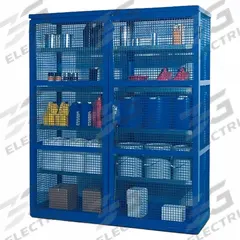DENIOS Bulk Storage Locker: 74 in x 28 in x 87 in, 8 Adj Shelves, Swing Handle & Padlock Hasp, Frame (MPN K32-3527). Key specifications — Brand: DENIOS; Body Panel Type: Ventilated; Base Type: Frame; Cabinet Color: Blue; Frame Assembled: Assembled.