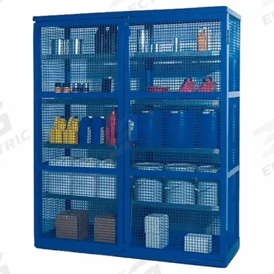 DENIOS Bulk Storage Locker: 74 in x 28 in x 87 in, 8 Adj Shelves, Swing Handle & Padlock Hasp - Spill-Control Industrial Ventilated Shelf Cabinets