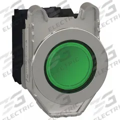 SCHNEIDER Illuminated Push Button: Illuminated, Flush Profile, Metallic, 30 mm, 1NO/1NC (MPN XB4FW33G5). Key specifications — Brand: SCHNEIDER; Action: Momentary; Series: XB4; Push Button Material Type: Metallic.
