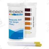 HYDRION Test Strips: Peracetic Acid, 0 to 2,000 ppm Peracetic Acid, Strip, 300 Tests, Peracetic Acid (MPN PAA-2000). Key specifications — Test Form: Strip; Brand: HYDRION; Parameter Measurements Included: 0 to 2,000 ppm Peracetic Acid.