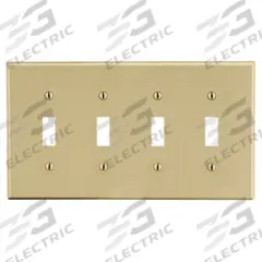 HUBBELL Wall Plate: Toggle, 4 Gang, Ivory, Std Size (MPN P4I). Key specifications — Brand: HUBBELL; Material: Polycarbonate.