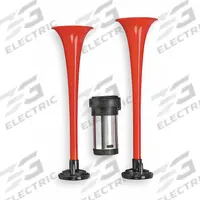 WOLO Electric Horn: 12V DC, Low Tone, Electric, Red, Unfinished, 120 dB Sound Level - Max, Trucks (MPN 417). Key specifications — Type: Low Tone; Brand: WOLO; Compatible Vehicle Type: Trucks; Finish: Unfinished; Includes: (2) Durable Red Plastic Trumpets; Color: Red.