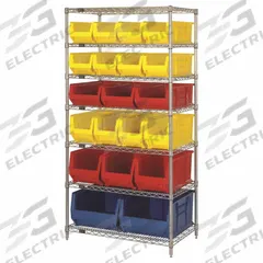 QUANTUM STORAGE SYSTEMS Shelving Unit: 36 in x 24 in x 74 in, 1 Sided, 20 Bins, Red, 7 Shelves (MPN WR7-20-MIXRD). Key specifications — Frame Color: Chrome; Bin HxWxD: (8) 7 x 8-1/4 x 23-7/8 in; Frame Material: Carbon Steel; Bin Color: Red; Brand: QUANTUM STORAGE SYSTEMS.