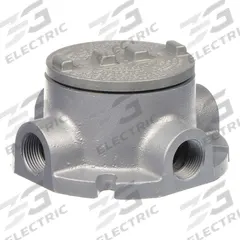 Conduit Outlet Body: Aluminum, GRF, 1 in Trade Size, X Body, 18 cu in Body Capacity (MPN GRFX100-A). Key specifications — Series: For Standard Body; Compatible Conduit Trade Size: 1 in; Thread Gender: Female; Hub Style: Threaded; Cover Included: Yes; Body Style: X; Connection Type: Threaded; Back Type: Flat.