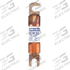 MERSEN Forklift Limiter Fuse: ACK Series, Bolt-On, Gen Purpose, 30 A, 125 V DC, Non-Indicating (MPN ACK30). Key specifications — Brand: MERSEN; Series: ACK.