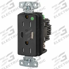USB Receptacle: Duplex, 5-15R, 2 USB Ports, USB Type A/C, Black, 125V AC, 15 A (MPN USB8200ACPDBK). Key specifications — Brand: HUBBELL.