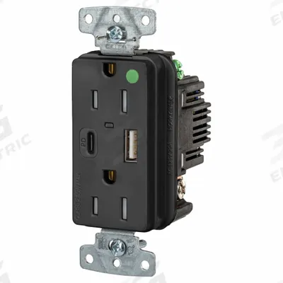 HUBBELL Receptacle: Duplex, 5-15R, 2 USB Ports, USB Type A/C, Black, 125V AC - Hospital-Grade Receptacles with USB Chargers