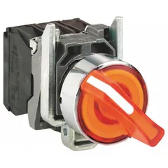 SCHNEIDER Selector Switch: 22 mm Panel Mounting Size, 2 Positions, Short Lever, 1NO/1NC, Metallic (MPN XB4BK125B5). Key specifications — AC Contact Rating: 6 A @ 120 V; Action: Maintained/Maintained; Cam: No Cam Included; DC Contact Rating: 0.1 A @ 600 V; Hazardous Location Specification: Not Rated; Operator Head Material: Plastic; Operator Head Type: Short-Handled Knob; Operator Illumination: Illuminated.