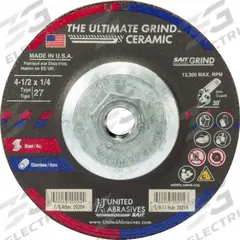 SAIT Abrasive Grinding Wheel: Type 27, 4 1/2" x 1/4" x 5/8"-11, Ceramic, 24 Grit (MPN 20214). Key specifications — Series: Ultimate Grind Ceramic; Brand: UNITED ABRASIVES-SAIT.