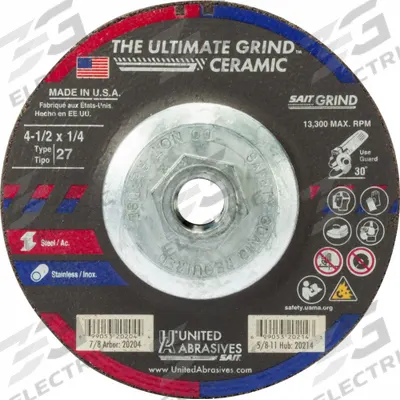 UNITED ABRASIVES-SAIT Abrasive Grinding Wheel: Type 27, 4 1/2" x 1/4" x 5/8"-11, Ceramic - Cool-Cutting Grinding Wheels for Carbon & Stainless Steel