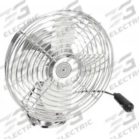 ROADPRO Car Fan: 12V DC, Plug-In, 7 in Blade Dia, 3 fpm, 1.3 A, Metal (MPN RP-1179). Key specifications — Air Flow: 3 fpm; Guard Material: Metal; Voltage: 12V DC; Includes: Mounting Hardware; Current: 1.3 A.