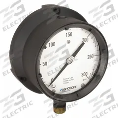 ASHCROFT Process Pressure Gauge: 0 psi to 300 psi, White, 4 1/2 in Dial, 1/2 in NPT Male, Bottom, 4X (MPN 451379ASL04L300#). Key specifications — Brand: ASHCROFT; Pointer Color: Black; Accuracy: ±0.5%; Dial Color: White; Gauge Wetted Parts: Brass / Bronze; Case Material: Epoxy-Coated Aluminum; Vibration Resistance Properties: Liquid-Filled; Pressure Range: 0 psi to 300 psi.