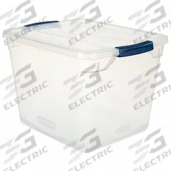 RUBBERMAID Storage Tote: 7.5 gal, 18 3/4 in x 13 3/8 in x 10 1/2 in, Clear Body, Clear Lid, Clear (MPN RMCC300014). Key specifications — attr1188666: Plastic; attr1188671: Rounded; attr1188675: Clear; attr1188676: Clear; attr1188687: RUBBERMAID; attr1188688: Not NSF Certified; attr1188689: Nesting Capable.