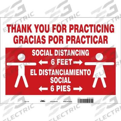 COVID 19 Social Distancing Sign: Plastic, White, Not Retroreflective, 10 in Ht - Thank You For Practicing Social Distancing 3 Feet Gracias Por Practicar El Distanciamiento Social 3 Pies