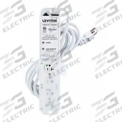 LEVITON Outlet Strip: 4 Outlets, 15 ft Cord Lg, 644 J Rated Energy, 20 A Current, White, 5-20P (MPN 53C4M-2N5). Key specifications — Brand: LEVITON; Mounting Style: Screw.