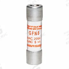 MERSEN Fuse: GFN Series, Midget, Time-Delay, 5 A, 250 V AC, 13/32 in x 1 1/2 in, Indicating (MPN GFN5). Key specifications — Series: GFN; Brand: MERSEN.
