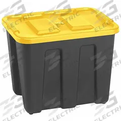 DURABILT Storage Tote: 18 gal, 22 1/2 in x 17 1/2 in x 16 1/2 in, Black Body, Yellow Lid, Yellow (MPN 6921GRBKYL.08). Key specifications — Material: Plastic; Edge/Corner Design: Rounded; Body Color: Black; Lid Color: Yellow; Brand: DURABILT; NSF Certified: Not NSF Certified; Nestable: Nesting Capable.