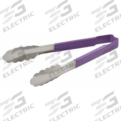VOLLRATH Uncoated Scalloped Tongs: Stainless Steel Blade, 9 1/2 in Overall Lg, Purple