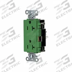 HUBBELL Receptacle: Decorator Duplex, 5-20, Green, 125V AC, 20 A, 2 Pole / 3 Wire (MPN DR20STGN)