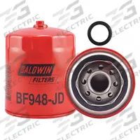 BALDWIN FILTERS Fuel Filter: Spin-On, 3 11/16 in Outside Dia, 1"-14 Thread Size, Cellulose, BF948-JD. Key specifications — attr1137520: BF948-JD; attr434022: BALDWIN FILTERS; attr427730: Cellulose; attr427731: Furnished Gasket; attr1017112: Construction Equipment; attr1017113: John Deere.