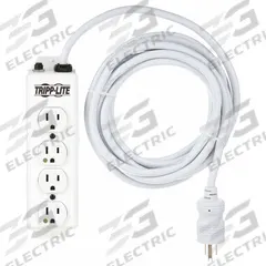 TRIPP LITE Outlet Strip: 4 Outlets, 15 ft Cord Lg, 15 A Current, UL 1363, White, 5-15P, 1 1/2 in Wd (MPN PS-415-HG). Key specifications — Brand: TRIPP LITE; Mounting Style: Keyhole.