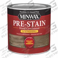 MINWAX Pre-Stain: Pre-Stain Conditioner, Interior, Oil, 0.5 pt Container Size, Wood, Clear, Clear (MPN 134074444). Key specifications — Brand: MINWAX; Transparency: Clear; Use Location: Interior; Color: Clear.