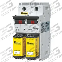 BUSSMANN Fuse Block: Finger-Safe, 2 Pole, 600 V AC, DIN Rail Mounting, Box Lug Termination (MPN CCP2-2-100CF). Key specifications — Brand: BUSSMANN.