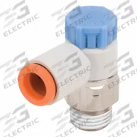 SMC Speed Control Valve: Elbow Fitting, Screw, 1/4 in/1/8 in Valve Body Size, 1/4 in Tube, Meter In (MPN AS2211F-N02-07S). Key specifications — attr947203: Brass/PBT; attr947205: SMC.