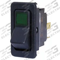 EATON Lighted Rocker Switch: 2 Positions, SPST, Off/On, Green (MPN 8005K25N113V32). Key specifications — AC Contact Rating: 10 A @ 250 V; DC Contact Rating: 15 A @ 28 V; Horsepower: 3/4 hp @ 250 V; Operator Illumination: Illuminated; Switch Color: Black; Terminal Connection Type: Screw Terminals; Includes Lamp Module: Lamp Module Included; Includes Lens: Lens Included.