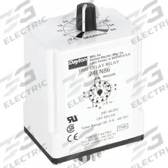 DAYTON Single Function Time Delay Relay: Socket Mounted, 24V AC/DC, 10 A, 11 Pins/Terminals (MPN 24EN86). Key specifications — Brand: DAYTON.