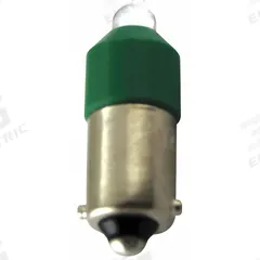 EATON Compact LED Bulb: LED, Miniature Bayonet (BA9s), (T) Tubular, T3-1/4, 24V AC/DC, 0.4 W Watt (MPN E22LED024GN). Key specifications — Light Color: Green; Voltage: 24V AC/DC; Brand: EATON; Bulb Shape: T3-1/4.