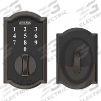 SCHLAGE RESIDENTIAL Electronic Keyless Lock: 1 3/4 in Door Thick - Max, Push Button, Bronze (MPN BE375 CAM 716). Key specifications — Power Source: 9V Battery.