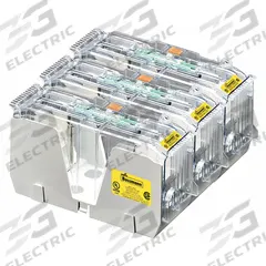 BUSSMANN Fuse Block: Open Block Design, 3 Pole, 600 V AC, Box Lug, Non-Indicating (MPN JM60400-3CR). Key specifications — Brand: BUSSMANN.