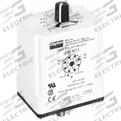 DAYTON Single Function Time Delay Relay: Socket Mounted, 24V AC/DC, 10 A, 8 Pins/Terminals, Interval (MPN 24EN71). Key specifications — Brand: DAYTON.