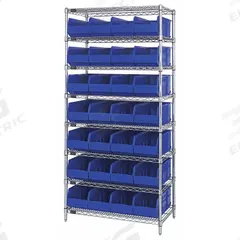 QUANTUM STORAGE SYSTEMS Bin Shelving: 36 in x 14 in x 74 in, 1 Sided, 28 Bins, Open, Shelf Bin, Blue (MPN WR8-443BL). Key specifications — Includes Bins: Yes; Bin Material: Polypropylene; Frame Color: Silver; Bin HxWxD: (28) 7 in x 8-1/4 in x 14 in; Frame Material: Steel; Bin Color: Blue; Bin Style: Shelf; Brand: QUANTUM STORAGE SYSTEMS.