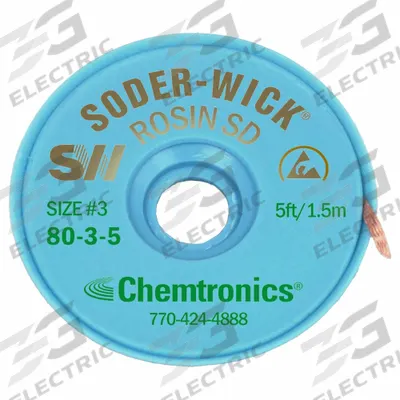 CHEMTRONICS Desoldering Braid: Rosin Flux, # 3, 0.08 in, 5 ft, Green - Rosin Flux Desoldering Braids