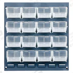 QUANTUM STORAGE SYSTEMS Louvered Panel: 20 in x 18 in x 1/4 in, 1 Sides, 16 Bins, Gray (MPN QLP-1819-220-16CL). Key specifications — Bin Style: Hang and Stack; Color: Gray; Bin Color: Clear; Finish: Powder Coated; Brand: QUANTUM STORAGE SYSTEMS.