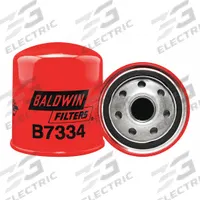BALDWIN FILTERS Oil Filter: B7334, M20-1.50 Thread Size, 3 7/16 in Overall Ht, 3 1/16 in Outside Dia. Key specifications — Baldwin Interchange: B7334; Brand: BALDWIN FILTERS; Compatible Vehicle Make: Cummins; Includes: 14 psid Bypass Valve; Media Material: Cellulose.