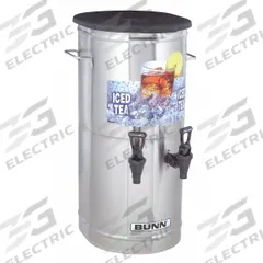BUNN Tea Concentrate Dispenser: 2 gal Capacity, 2 Dispensers, 16 3/4 in Overall Dp, 23 in Overall Ht (MPN 37750.0002). Key specifications — attr440077: Cold; attr440054: Faucet; attr440063: Stainless Steel; attr440050: BUNN.
