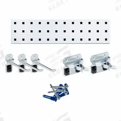TRITON PRODUCTS Pegboard Strip Kit: Square, 3/8 in Peg Hole Size, 4 1/2 in x 18 in x 9/16 in, Steel (MPN LBS18T-WHT). Key specifications — Material: Steel; Finish: Epoxy Coated; Peg Hole Shape: Square; Includes: Strip: LBS-4W; Color: White; Brand: TRITON PRODUCTS.