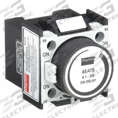 DAYTON IEC Timer Module: Off Delay, 10 sec – 180 sec, 1NO/1NC (MPN 6EAU2). Key specifications — Mounting: Front; Brand: DAYTON.