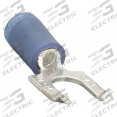 STA-KON Fork Terminals: Blue, Nylon, #6 Stud Size, 18 AWG – 14 AWG Wire Range, Flanged Fork, 600 V (MPN RB14-6FS). Key specifications — Barrel Style: Insulation Grip; Manufacturer Part Number: RB14-6FS; Brand: STA-KON; Series: RB1203.