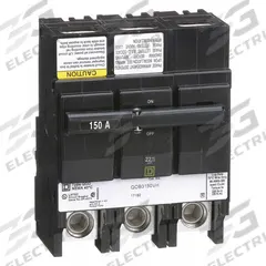 SQUARE D Miniature Circuit Breaker: 150 A, 120/240V AC, Three Phase, 22kA at 120/240V AC, 3 Poles (MPN QOB3150VH). Key specifications — Phase: Three; Amps: 150 A; AC Voltage Rating: 120/240V AC; Max. AIR Rating: 22kA at 120/240V AC; For Use With: Square D NQOD Panelboards; Brand: SQUARE D.