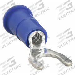 3M Fork Terminals: Blue, Vinyl, #6 Stud Size, 16 AWG – 14 AWG Wire Range, Std Fork, 1,000 V (MPN MVU14-6FX). Key specifications — Barrel Style: Butted; Manufacturer Part Number: MVU14-6FX; Brand: 3M; Series: TR.