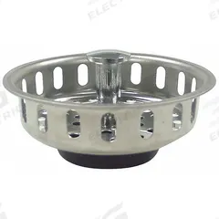 KISSLER Strainer: 3 1/4 in Overall Dia, 1 1/2 in Overall Ht, Stainless Steel, Chrome, Silver, 5 PK (MPN 59-2015). Key specifications — Material: Stainless Steel; Color: Silver; Connection Type: Push and Twist; Brand: KISSLER; Application: Sink Drain.